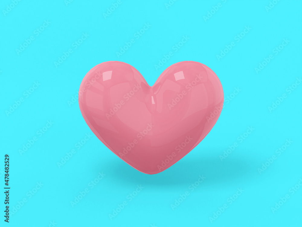 Poster stylized pink mono color heart on a blue solid background. minimalistic design object. 3d rendering 