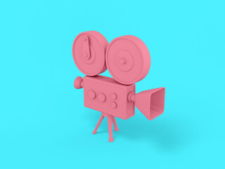 Pink mono color retro video camera on a blue solid background. Minimalistic design object. 3d rendering icon ui ux interface element. - obrazy, fototapety, plakaty