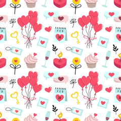 Fototapeta na wymiar Valentine's day seamless pattern. Romantic background. Cute cartoon vector doodle illustrations.