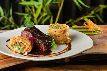 Grilled beef steak with sweet potato omelette
