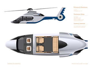 Private helicopter interior. 3d cockpit blueprint. Top, side view of business vehicle. Isolated cabin drawing. Modern transportation