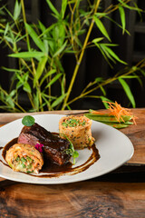 Grilled beef steak with sweet potato omelette