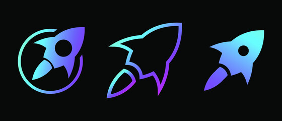 Fototapeta premium Set of modern rocket icons, logo or sign. Vector illustration isolated on black background. EPS 10