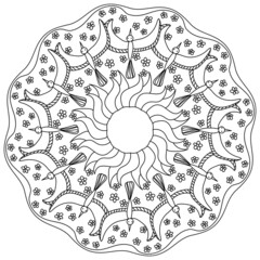 Contour mandala with flying fantasy birds, meditative coloring page for creativity