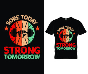 Gym fitness motivational quotes t shirt design - Sore today strong tomorrow - colorful Vector with dumbbells in hand
