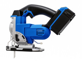 The tool is a blue electric jigsaw on a white isolated background. 3d rendering.