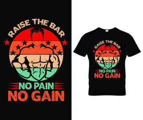 Gym fitness motivational quotes t shirt design - raise the bar No pain no gain - Vector with dumbbells black and red colors