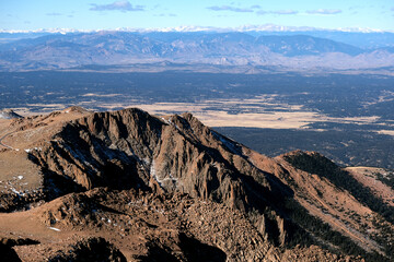 Breathtaking aerial scenic landscape Rocky Mountains mountain range scenery view on top of Pikes...