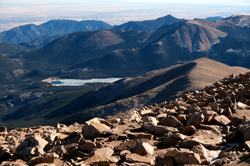 Breathtaking aerial scenic landscape Rocky Mountains mountain range scenery view on top of Pikes...