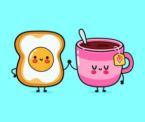 Cute, funny happy cup of tea and bread with eggs character. Vector hand drawn cartoon kawaii characters, illustration icon. Funny cartoon cup of tea and bread with eggs friends concept