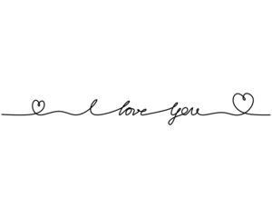 One continuous single line of I love you word lettering. Hand written for day of love isolated on white background.