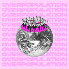 Contemporary artwork. A lot of men standing on planet Earth isolated on pink background. Overpopulation concept