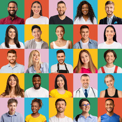Fototapeta na wymiar Happy multiracial men and women posing on colorful backgrounds