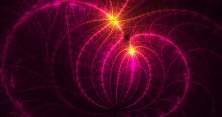 Abstract festive background with blurred fantastic pink and yellow swirl. Fantastic glowing fractal shapes. Holiday wallpaper. Digital fractal art. 3d rendering.