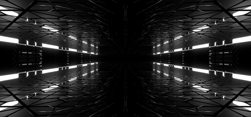 A dark tunnel lit by white neon lights. Reflections on the floor and walls. 3d rendering image.