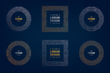Vector set of art deco linear square, round borders, frames, decorative design templates. Creative template in classic retro style of 1920s. Use for packaging, advertising, as banner.