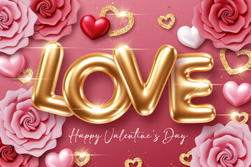 Valentines Day background with 3d hearts and roses. Design element for greeting card or sale banner. Vector illustration