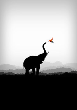 Minimalist elephant and bird silhouette art