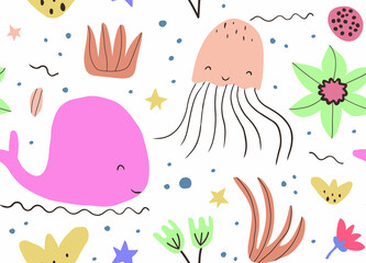 Seamless background with baby style whales ,octopuses, stars and leaves. Pattern for baby shower party, greeting card, textile, wrapping. Vector