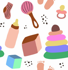 Seamless background with baby toys, balls and socks. Pattern for baby shower party, greeting card, textile, wrapping. Vector