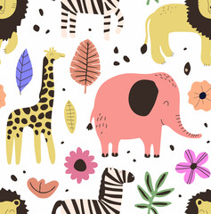 Seamless background with cute color lions, elephants, giraffes and zebras. Pattern for baby shower party, greeting card, textile, wrapping. Vector