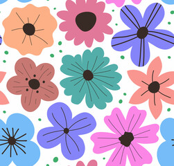 Fototapeta na wymiar Seamless background with color flowers. Pattern for baby shower party, greeting card, textile, wrapping. Vector