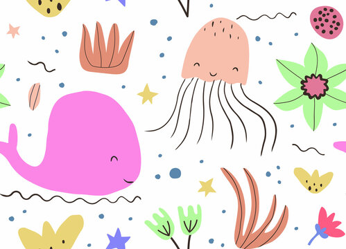 Seamless background with baby style whales ,octopuses, stars and leaves. Pattern for baby shower party, greeting card, textile, wrapping. Vector