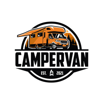Campervan RV motorhome caravan outdoor circle emblem logo. Best for camper van related logo