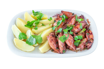 Traditional portuguese dish baked potato with fried or grilled squid on plate on isolated white background.