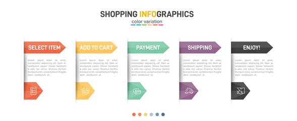 Concept of shopping process with 5 successive steps. Five colorful graphic elements. Timeline design for brochure, presentation, web site. Infographic design layout.
