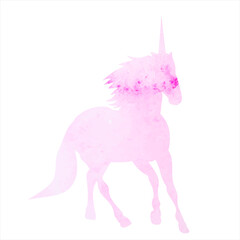 unicorn running watercolor silhouette, isolated, vector