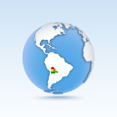 Bolivia - country map and flag located on globe, world map.