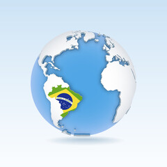 Brazil - country map and flag located on globe, world map.