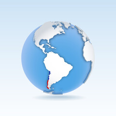 Chile - country map and flag located on globe, world map.
