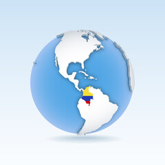 Colombia - country map and flag located on globe, world map.