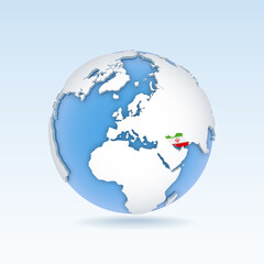 Iran - country map and flag located on globe, world map.