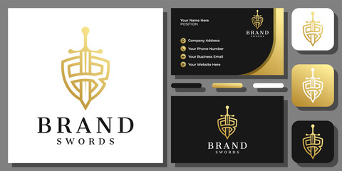 Naklejka premium Initial Letter B Sword Shield Kingdom Knight Gold Luxury Logo Design with Business Card Template