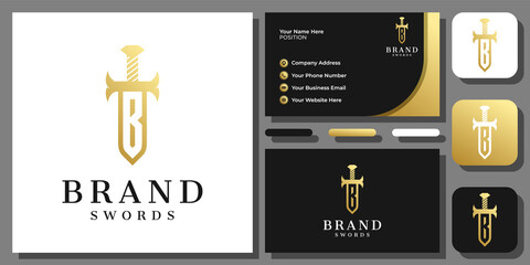 Initial Letter B Sword Gold Luxury Kingdom Knight Elegant Logo Design with Business Card Template © sore.studios