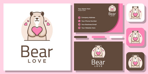 Cute Bear Love Cartoon Flat Illustration Wildlife Funny Logo Design with Business Card Template