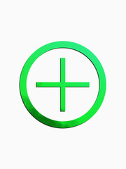 Green plus in a circle, 3D rendering. Medical aid symbol. White background