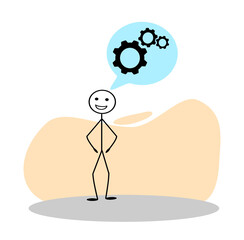 The stick man stands happy, a cloud with gears. Three gear icons on the background of a fashionable liquid cloud sign, logo, sign or emblem of an idea, progress.