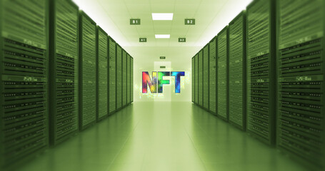 Non Fungible Token Symbol In Futuristic Datacenter. NFT Technology Art Related Illustration 3D Render.