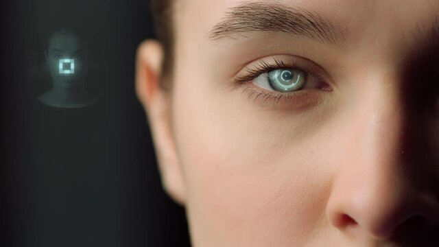 Face biometrical recognition system identify user personality app login closeup