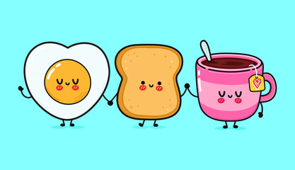 Cute, funny happy toast, fried eggs and cup of tea. Vector hand drawn cartoon kawaii, illustration icon. Funny cartoon toast, fried eggs and cup of tea mascot character concept