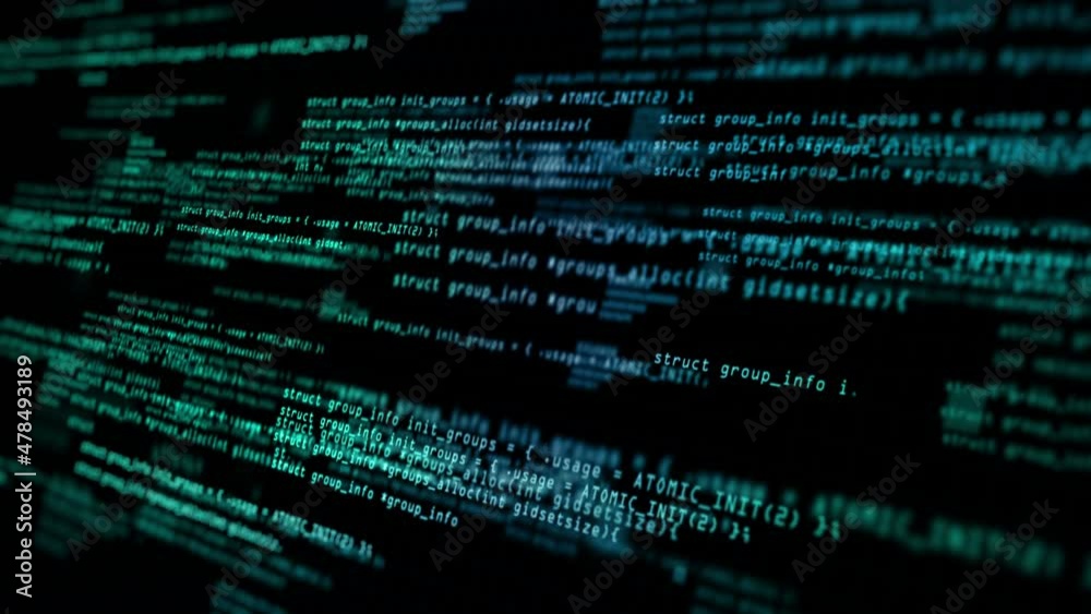 Poster Abstract computer code running technology digital cyberspace. Programming code moving on black screen background, seamless loop.