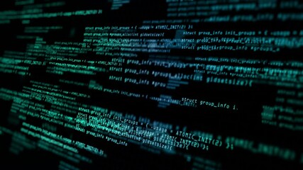 Abstract computer code running technology digital cyberspace. Programming code moving on black screen background, seamless loop.
