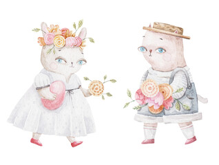 set of Easter animals, rabbit with a wreath and a cat with bouquets, children's design, print