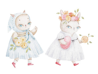 set of easter animals, rabbit with a wreath and an egg and a cat with a scarf and bouquets, children's design, print