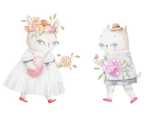 set of easter animals, rabbit with wreath and egg and cat with bouquets, childrens design, print