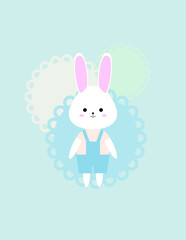 white rabbit in a blue overalls on a blue background. a full-length rabbit. congratulations on the newborn. vector illustration, eps 10.